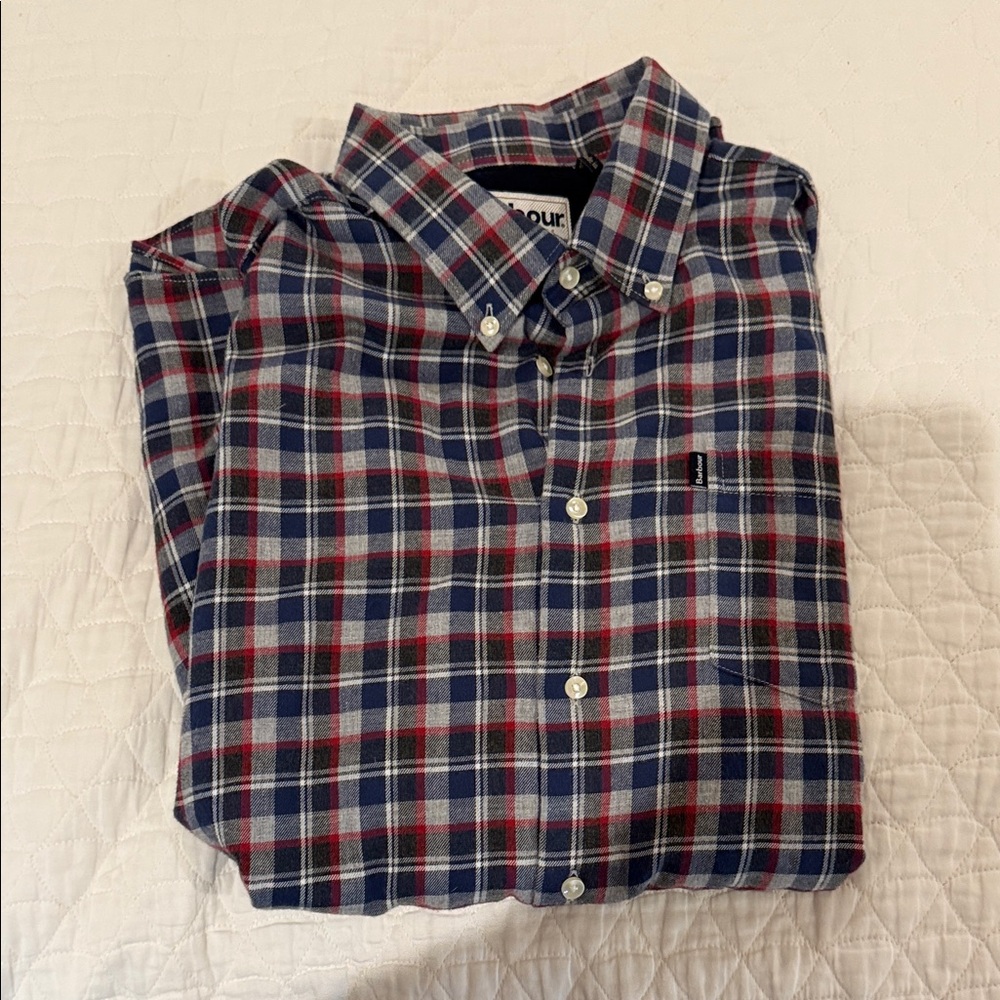Barbour Men's Blue and Red Plaid Button Down Shirt